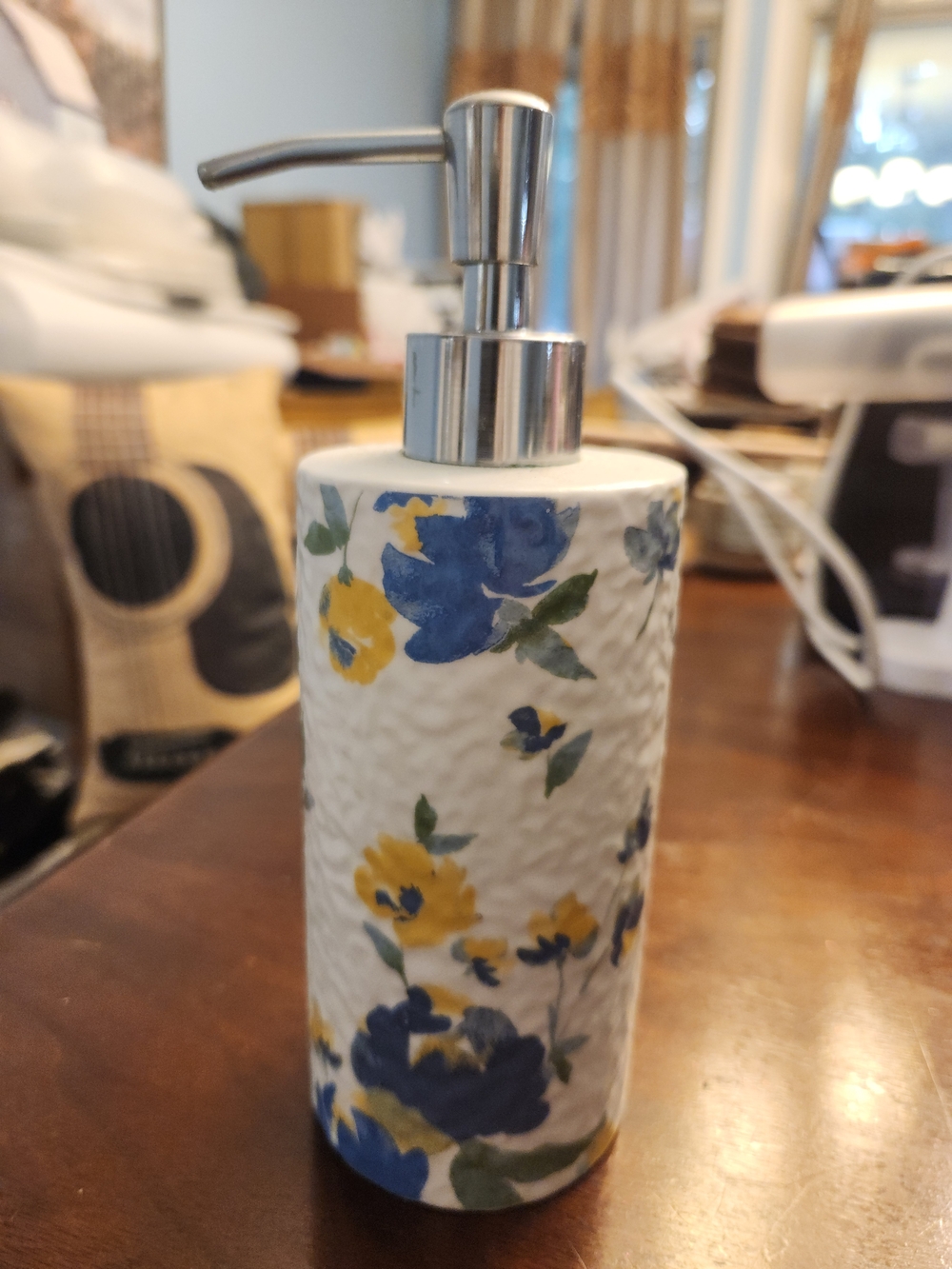 T.J.Maxx Blue and Yellow Floral Ceramic Soap Dispenser